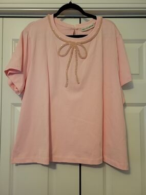 English Factory Light Pink Short Sleeve Top with Beaded Bow Neck